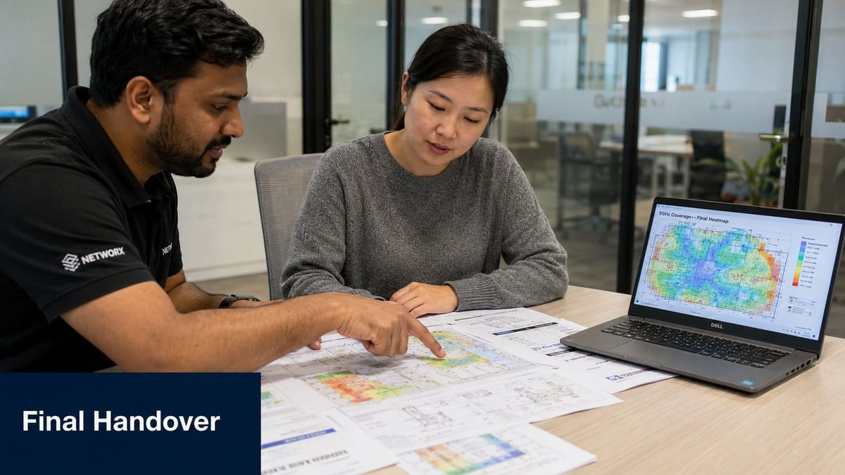 A professional man and woman discussing a wifi coverage heat map project at an office meeting table.