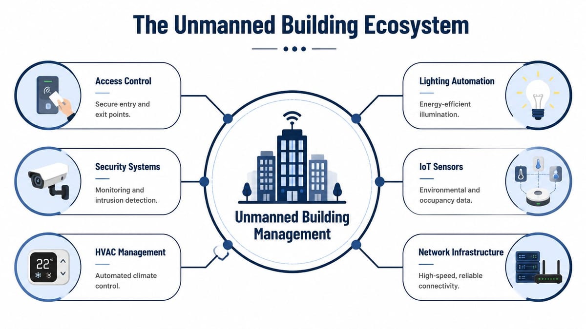 A diagram illustrating the unmanned building ecosystem featuring automated building management systems and IoT integrated network infrastructure.