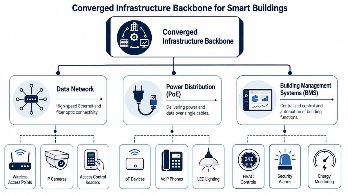 A diagram illustrating a converged infrastructure backbone for smart buildings connecting data, power, and building management systems.