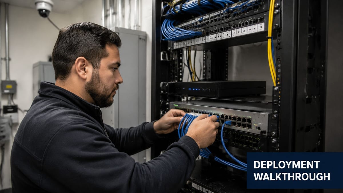 A professional technician carefully manages blue ethernet cables in a server rack during a network deployment.