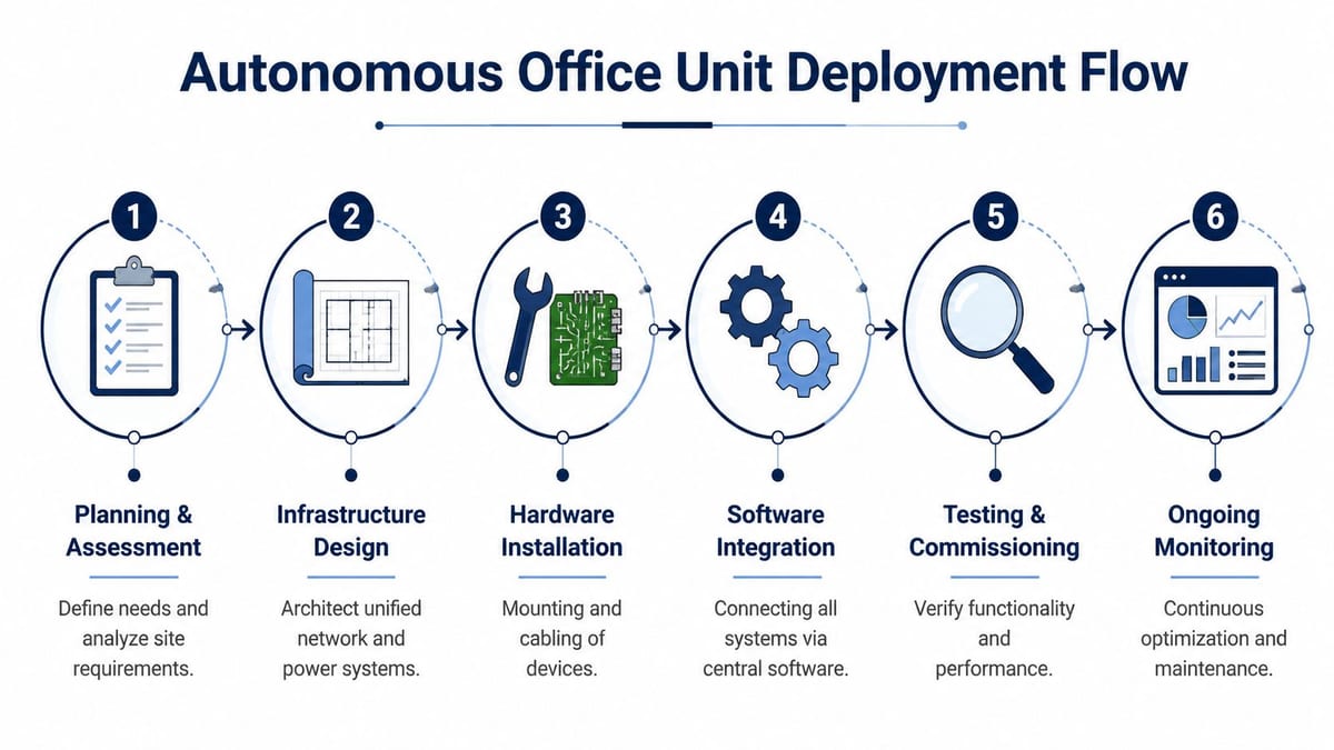 A six-step diagram illustrating the autonomous office unit deployment flow from planning to ongoing monitoring.