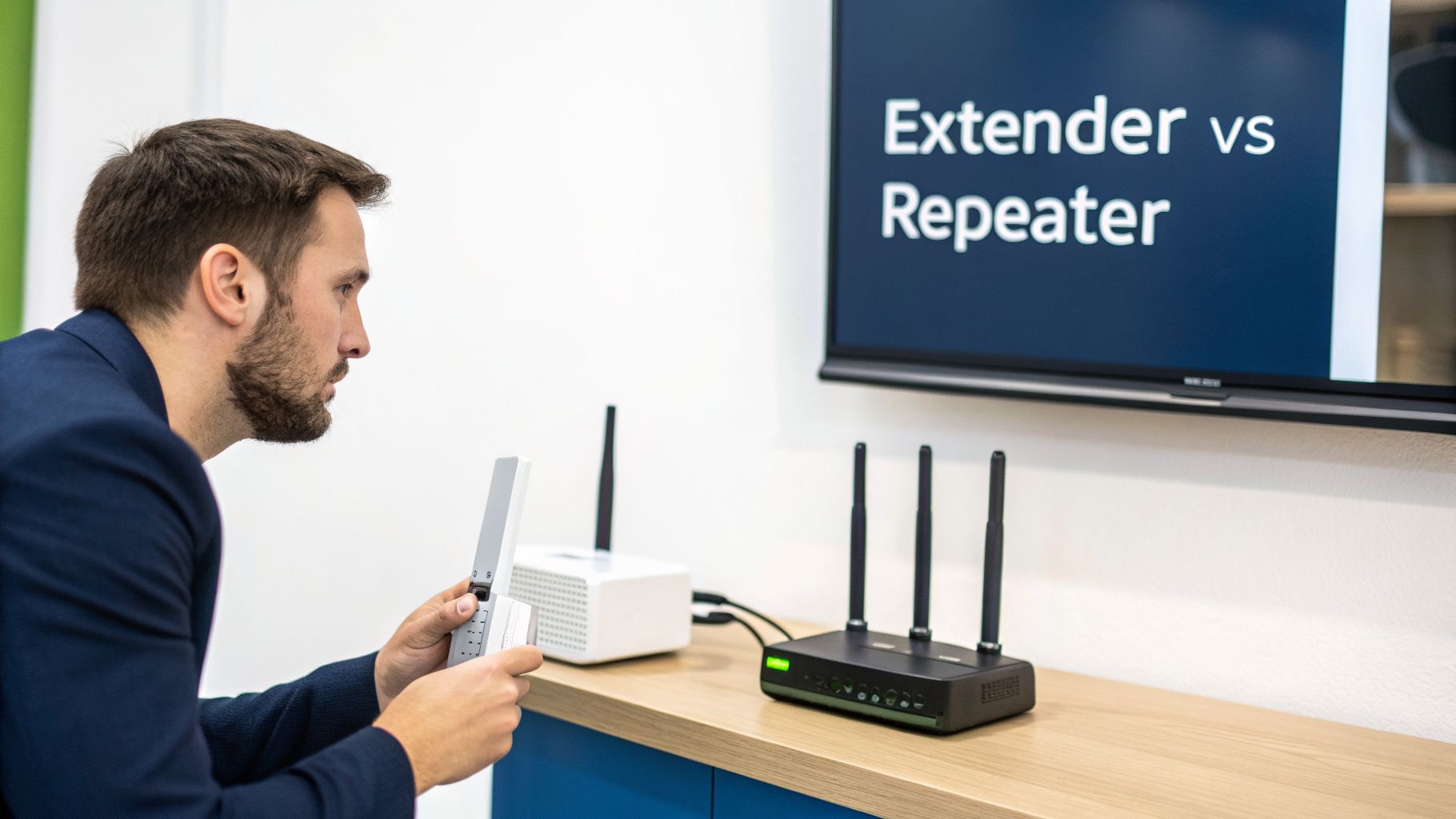 A man holding a device looks at a TV screen displaying 'Extender vs Repeater', with networking equipment on a table.