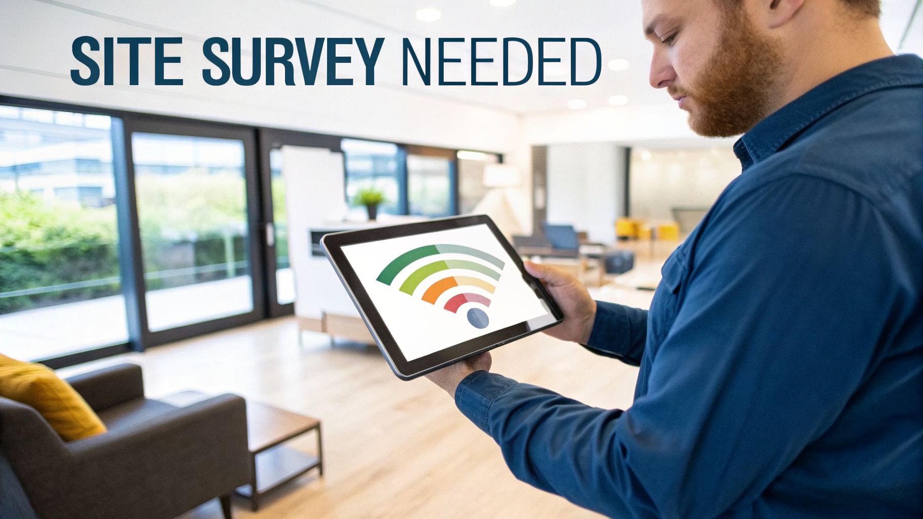 A man holds a tablet displaying a multi-colored Wi-Fi signal icon, conducting a site survey.