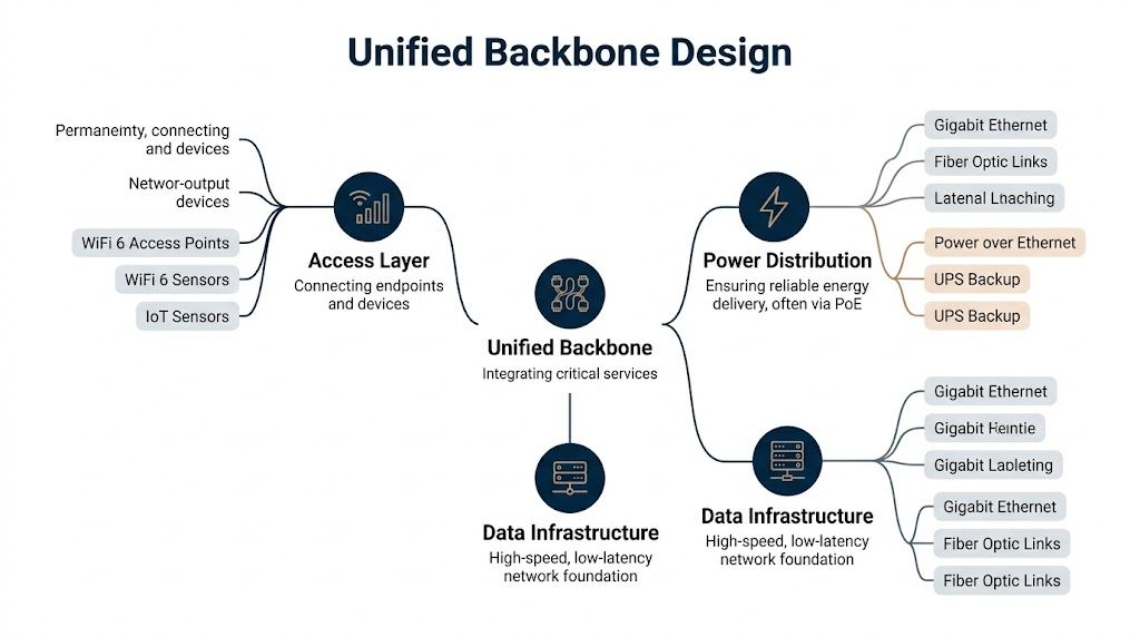 A diagram illustrating a Unified Backbone Design showing the integration of access layers, power distribution, and data infrastructure.