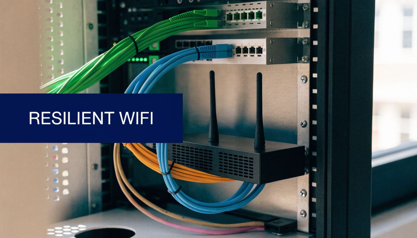 A rack mounted WiFi device connected with multiple colorful ethernet cables inside a server network cabinet.