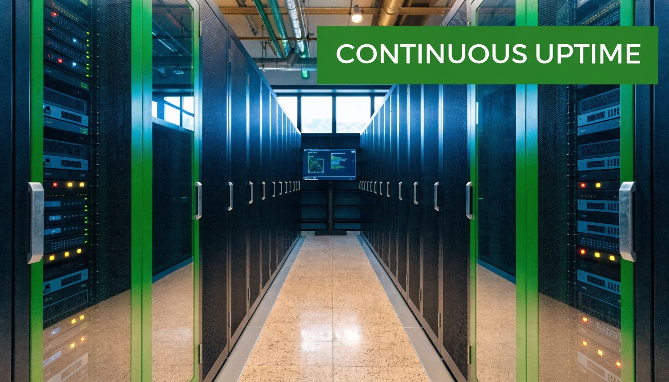 A central aisle in a modern data center with server racks and a digital monitor display.