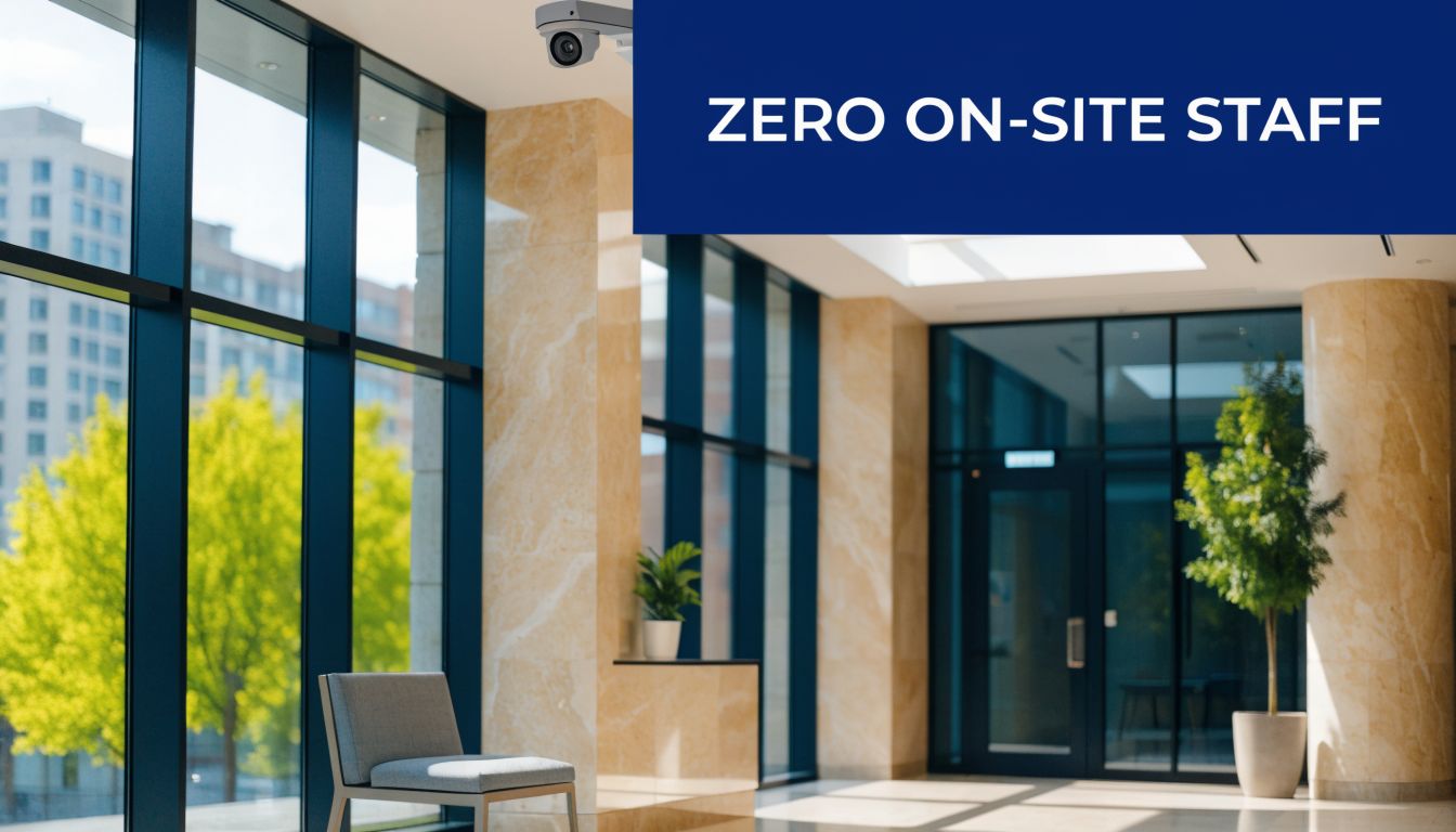A modern lobby interior features an empty reception area with no on-site staff, enhanced by security cameras.