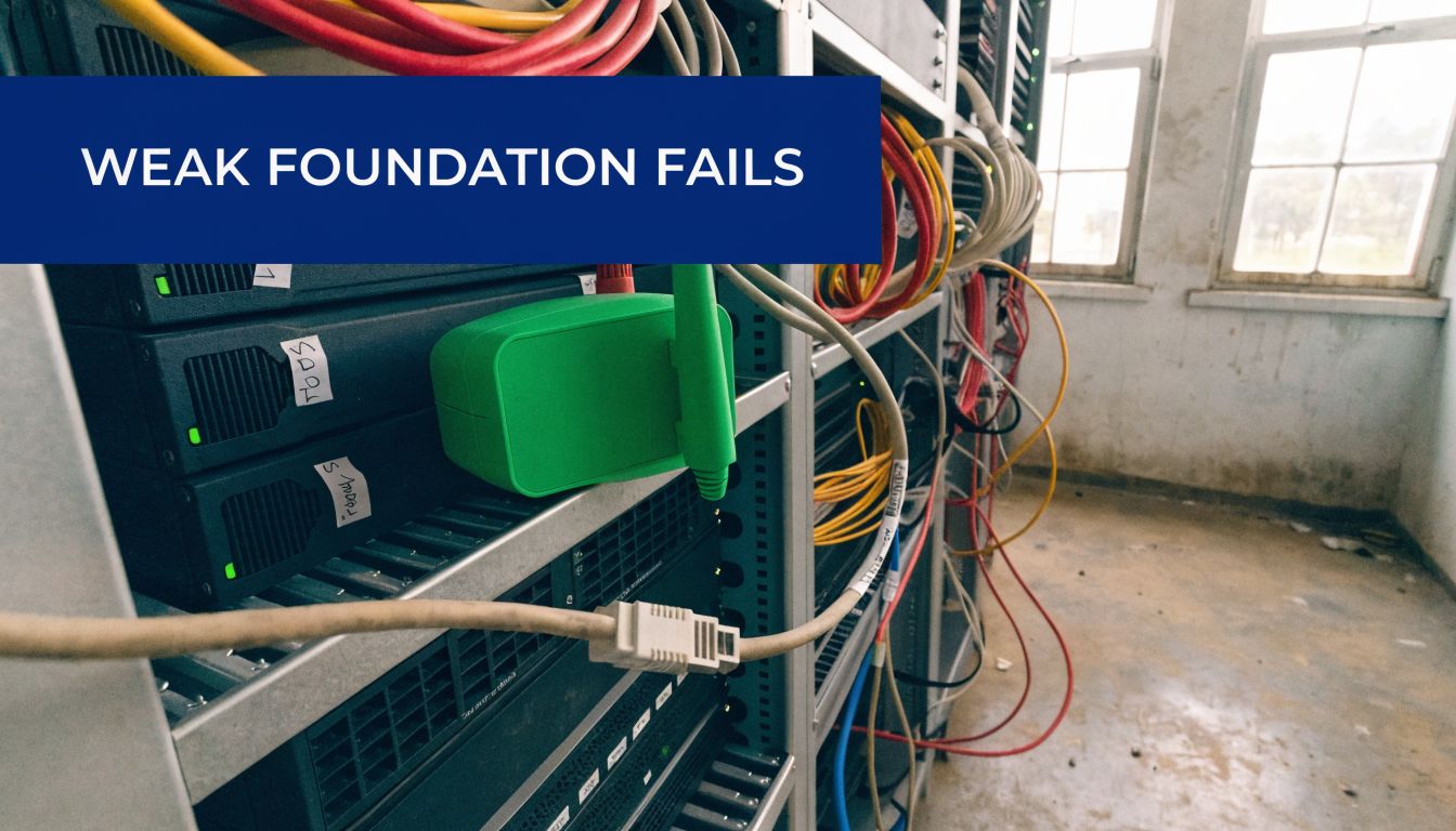 A green wifi signal booster sits atop server rack equipment in a messy network server room.