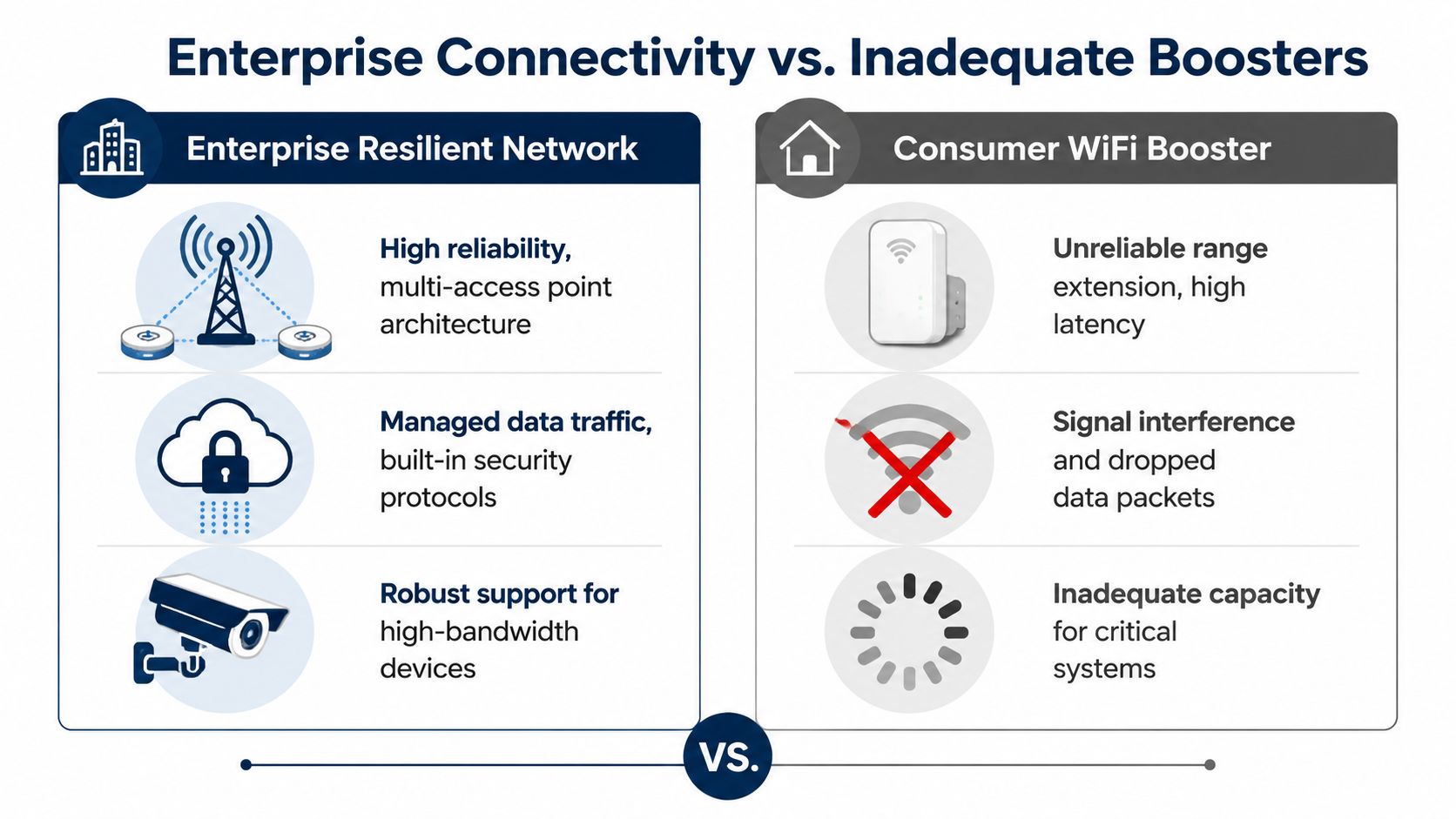 A comparison infographic between reliable enterprise resilient network infrastructure and unreliable consumer WiFi signal boosters.