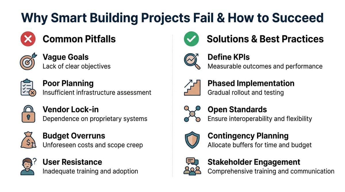 An infographic titled Why Smart Building Projects Fail & How to Succeed, contrasting common pitfalls with solutions.