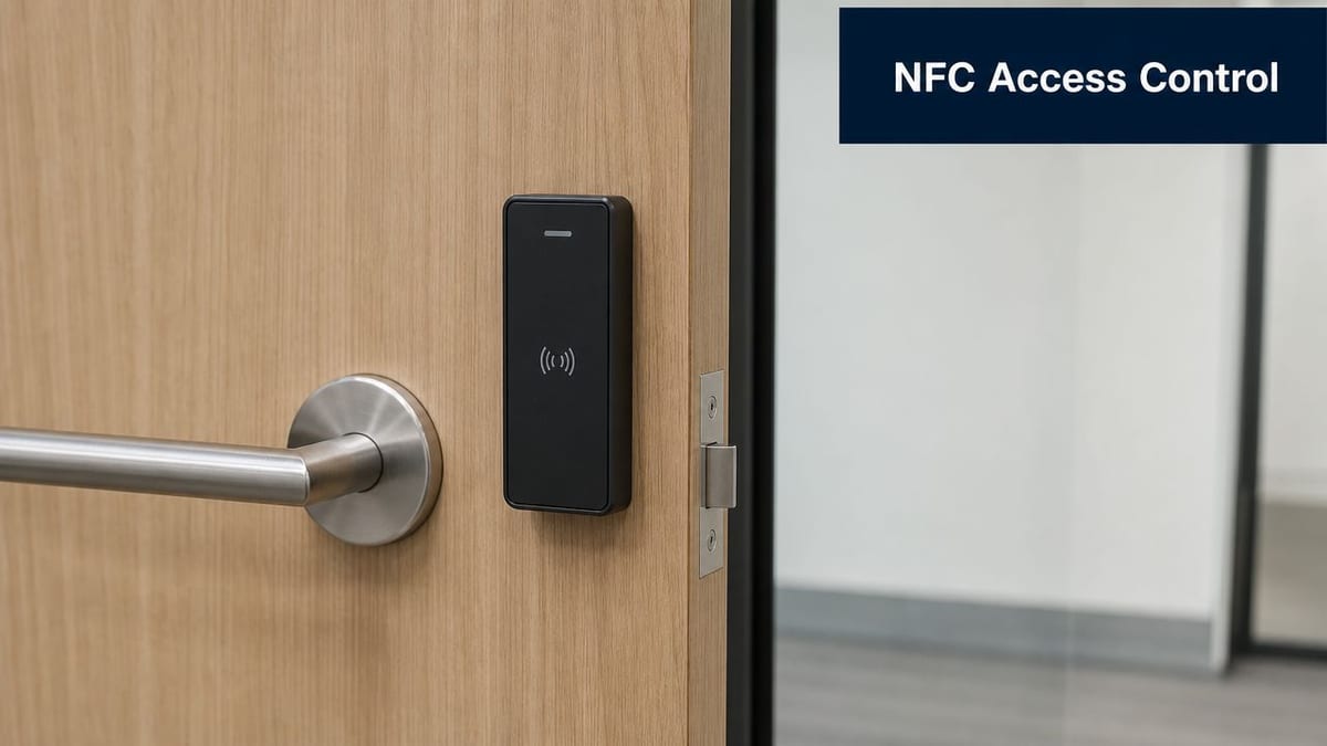 A modern black NFC access control reader mounted on a wooden office door next to a handle.