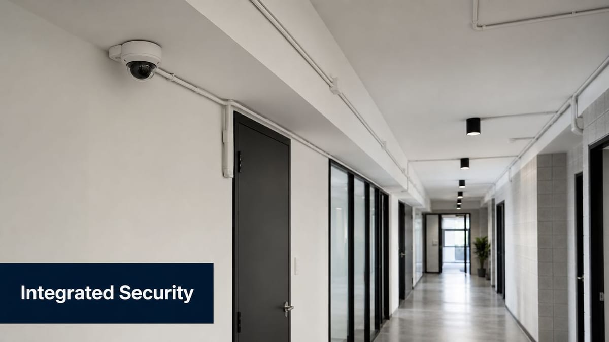A modern, well-lit office hallway features a white security camera mounted on the wall with exposed conduit.
