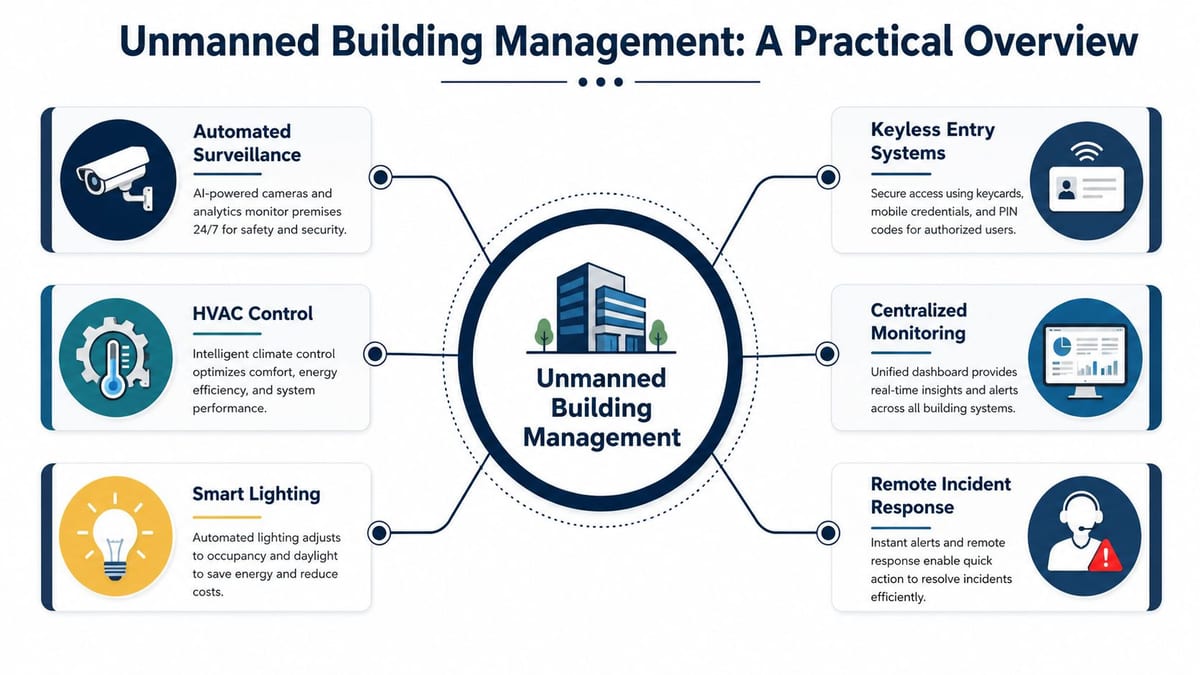 A diagram illustrating the key components of an unmanned building management system for modern commercial facilities.