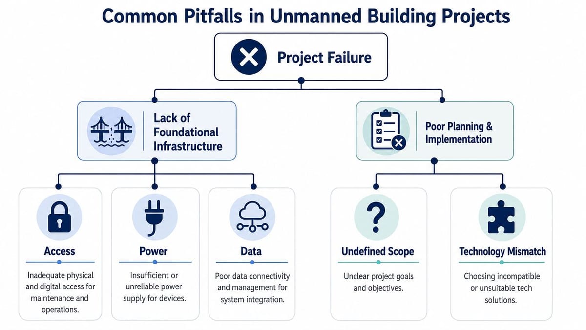 A flowchart detailing common project failure pitfalls in unmanned building projects categorized by infrastructure and planning issues.