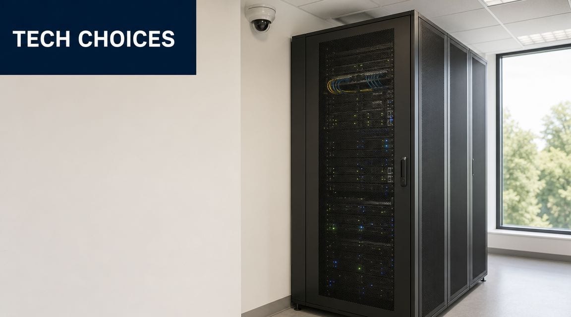 A server rack cabinet installed in a secure modern data center room next to a window.