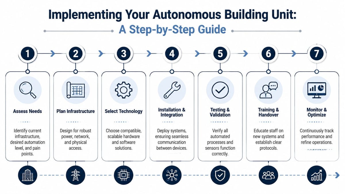 A seven-step guide illustration for implementing an autonomous building unit, from assessment to optimization.