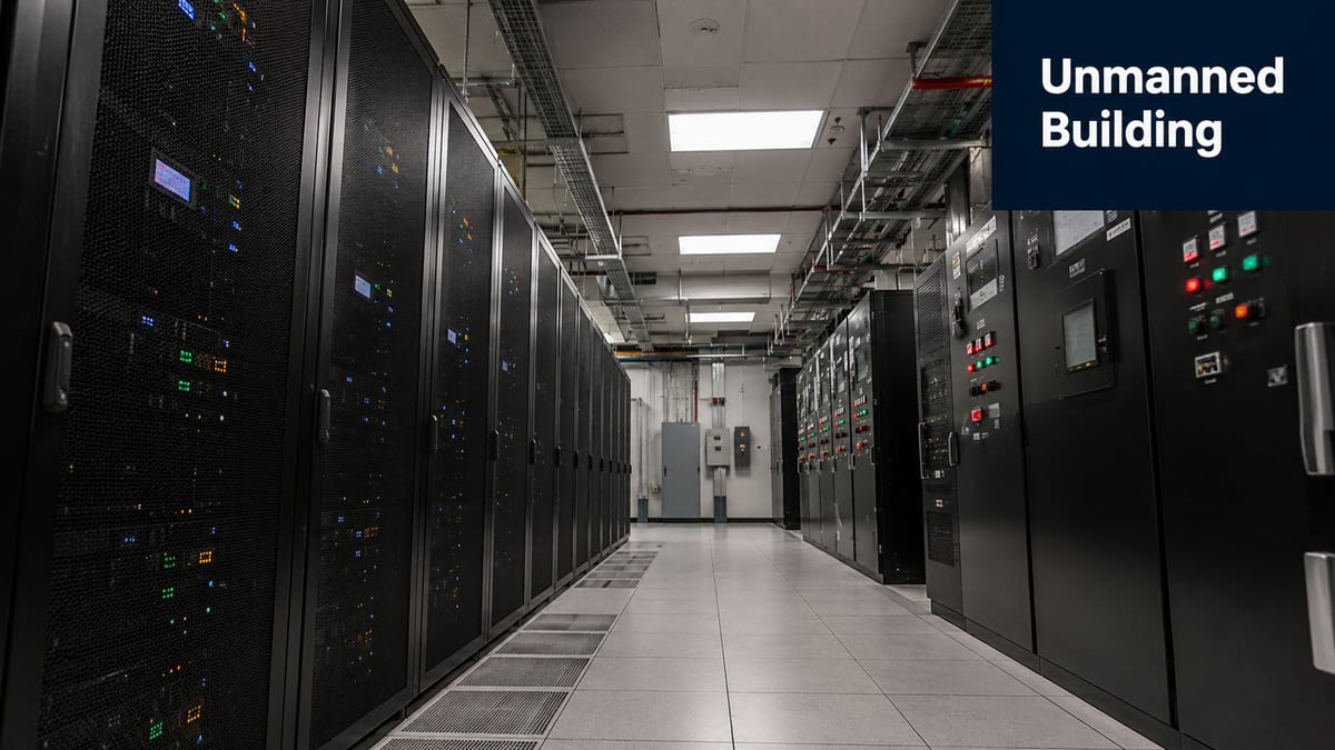 Rows of black server racks in a modern data center with electrical control panels on the right side.