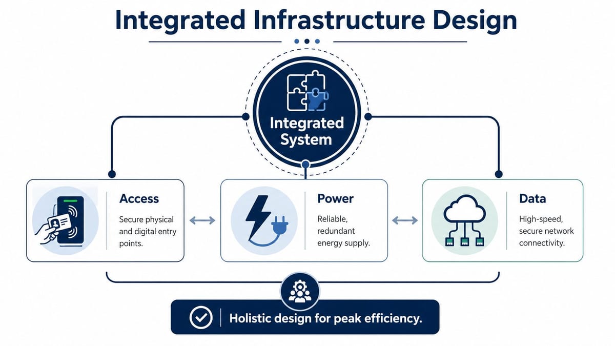 A diagram illustrating an integrated infrastructure design with access, power, and data systems working together.