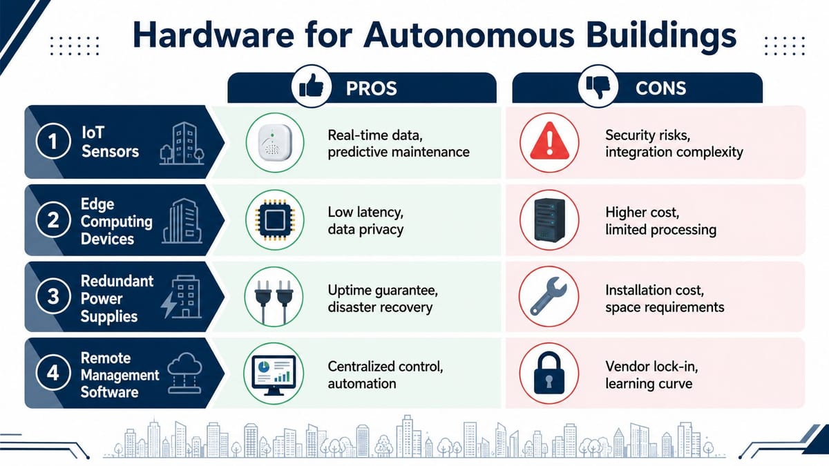 A comparison chart outlining the pros and cons of hardware components used in autonomous smart buildings.