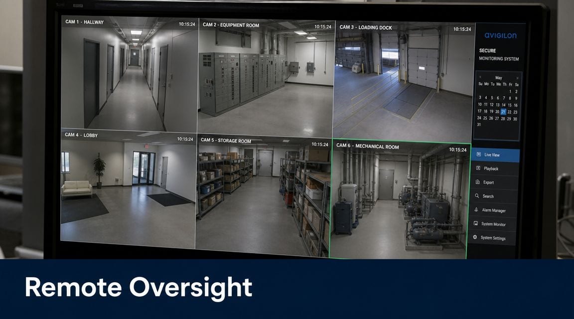A digital screen showing a surveillance system dashboard with six live camera feeds labeled by room location.
