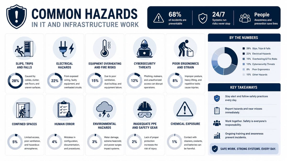 An infographic detailing common workplace hazards in IT and infrastructure, including statistics on safety risks and prevention.