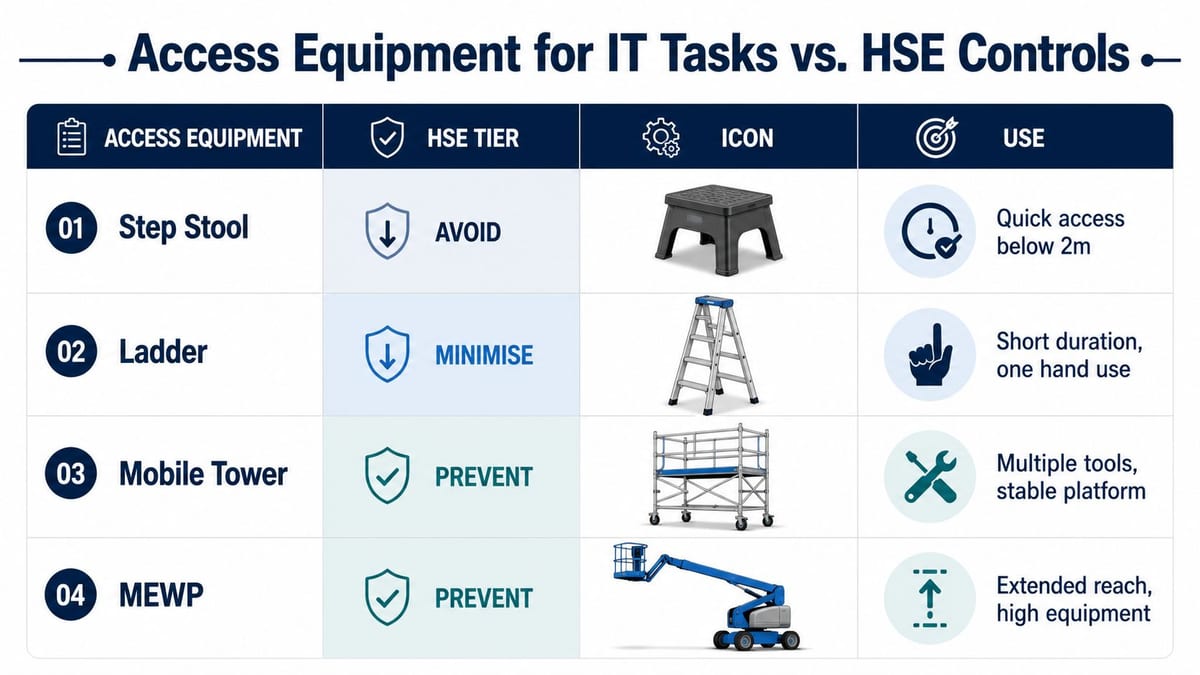 A chart comparing access equipment types for IT tasks against HSE regulatory control tiers and usage.