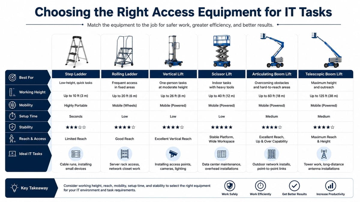 A comparison chart showing various types of access equipment for IT tasks, including ladders and aerial lifts.