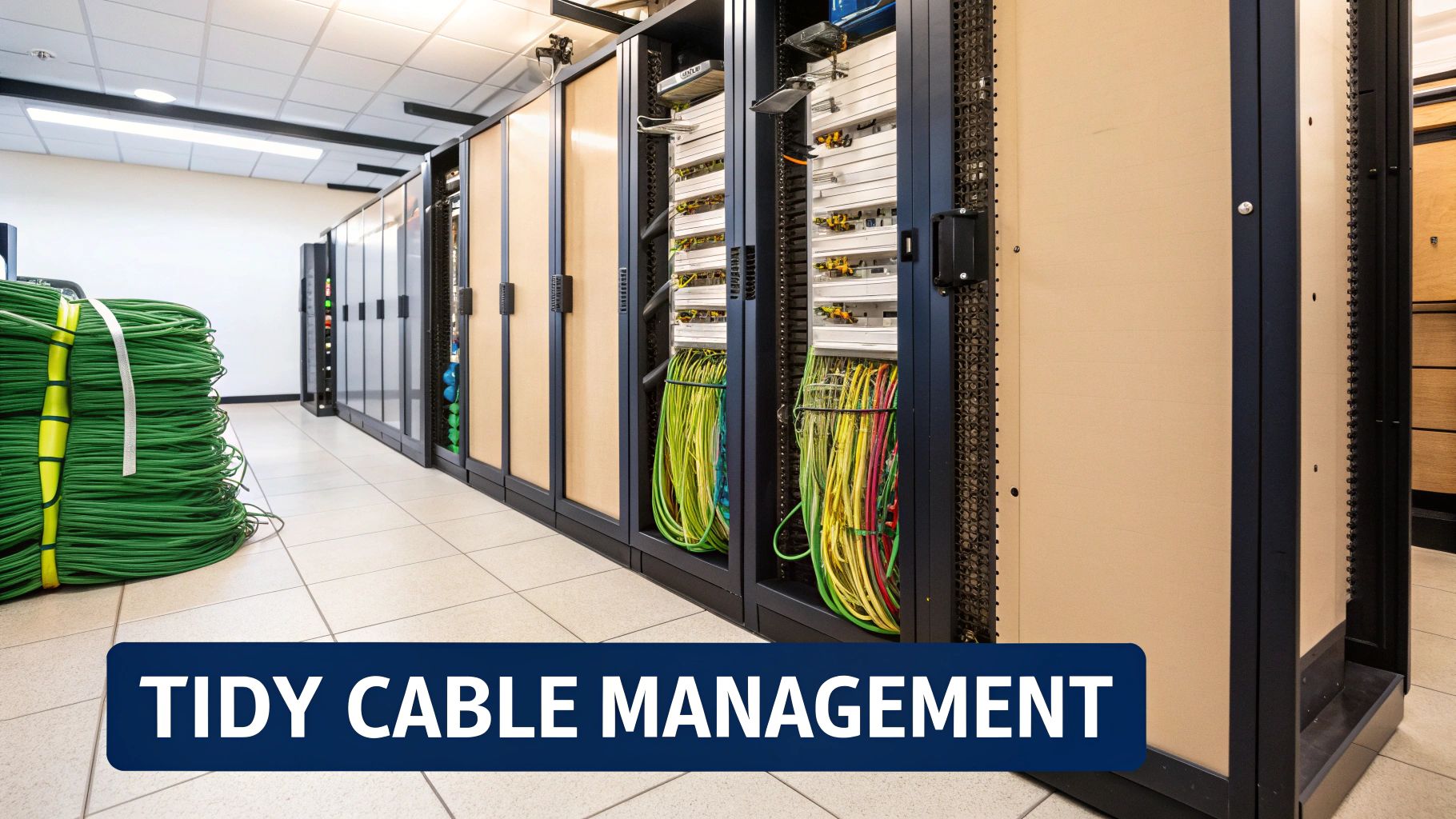 A server room with neatly organized colorful cables in open racks and a large coil of new green cables.