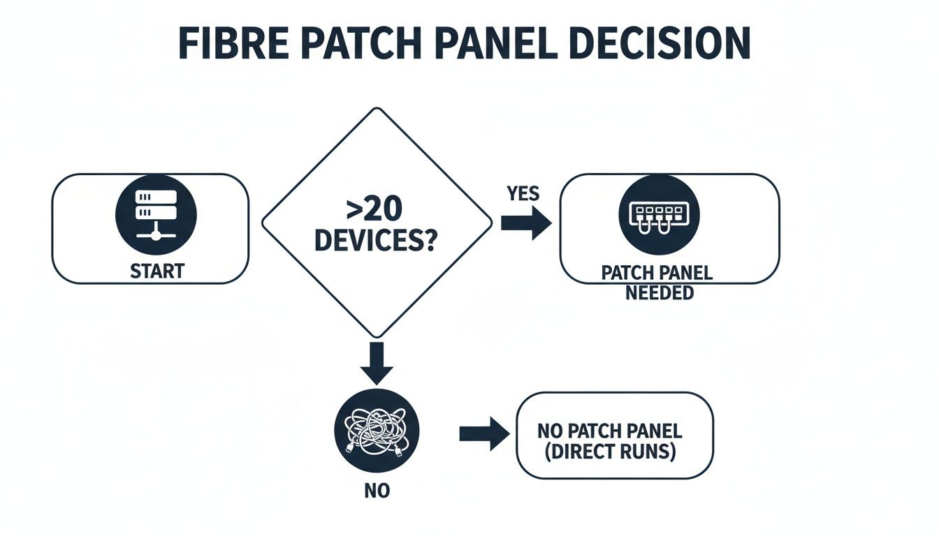 Flowchart deciding on fibre patch panel use: if more than 20 devices, it's needed; otherwise, direct runs.