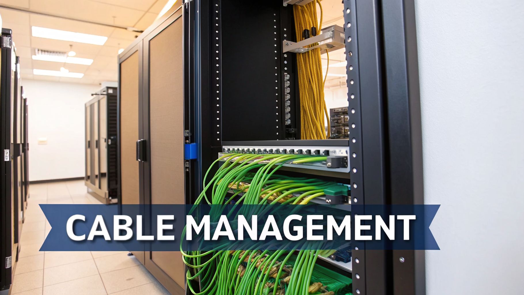 An open server rack displaying neatly managed green and yellow network cables connected to patch panels in a data center.