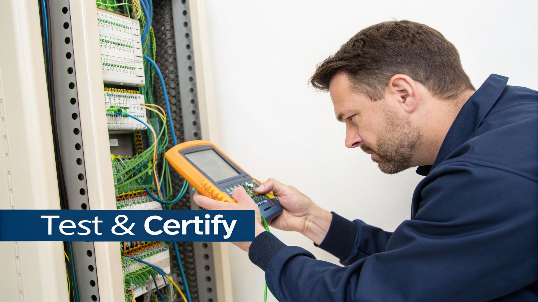 An electrician using an orange network tester to certify connections in a complex electrical or network cabinet.