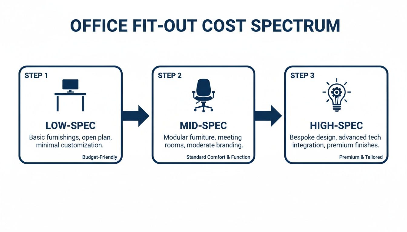 An infographic showing the office fit-out cost spectrum from low-spec basic to high-spec tailored solutions.