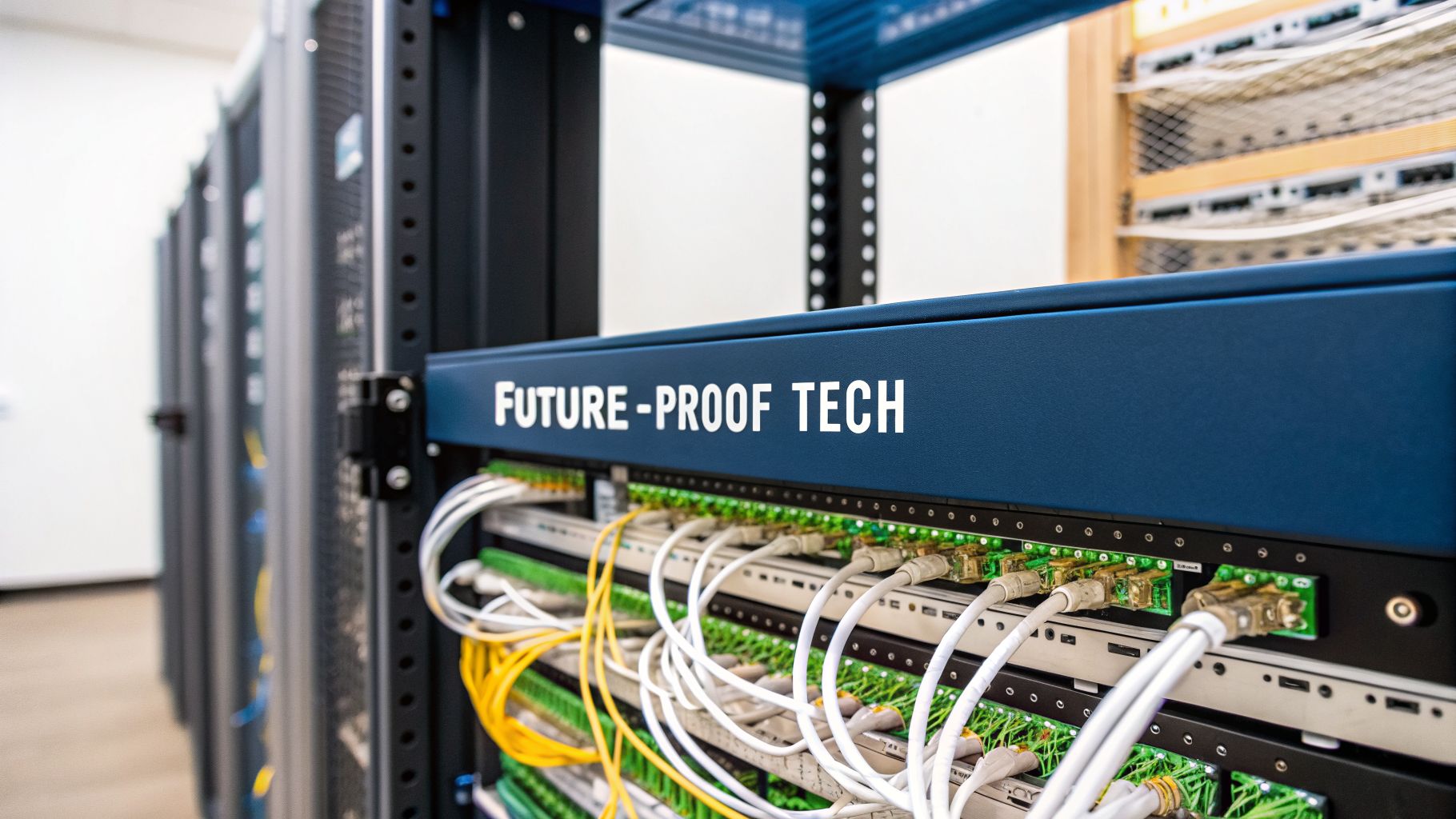 Close-up of a server rack with a blue panel labeled 'FUTURE-PROOF TECH' and numerous network cables.