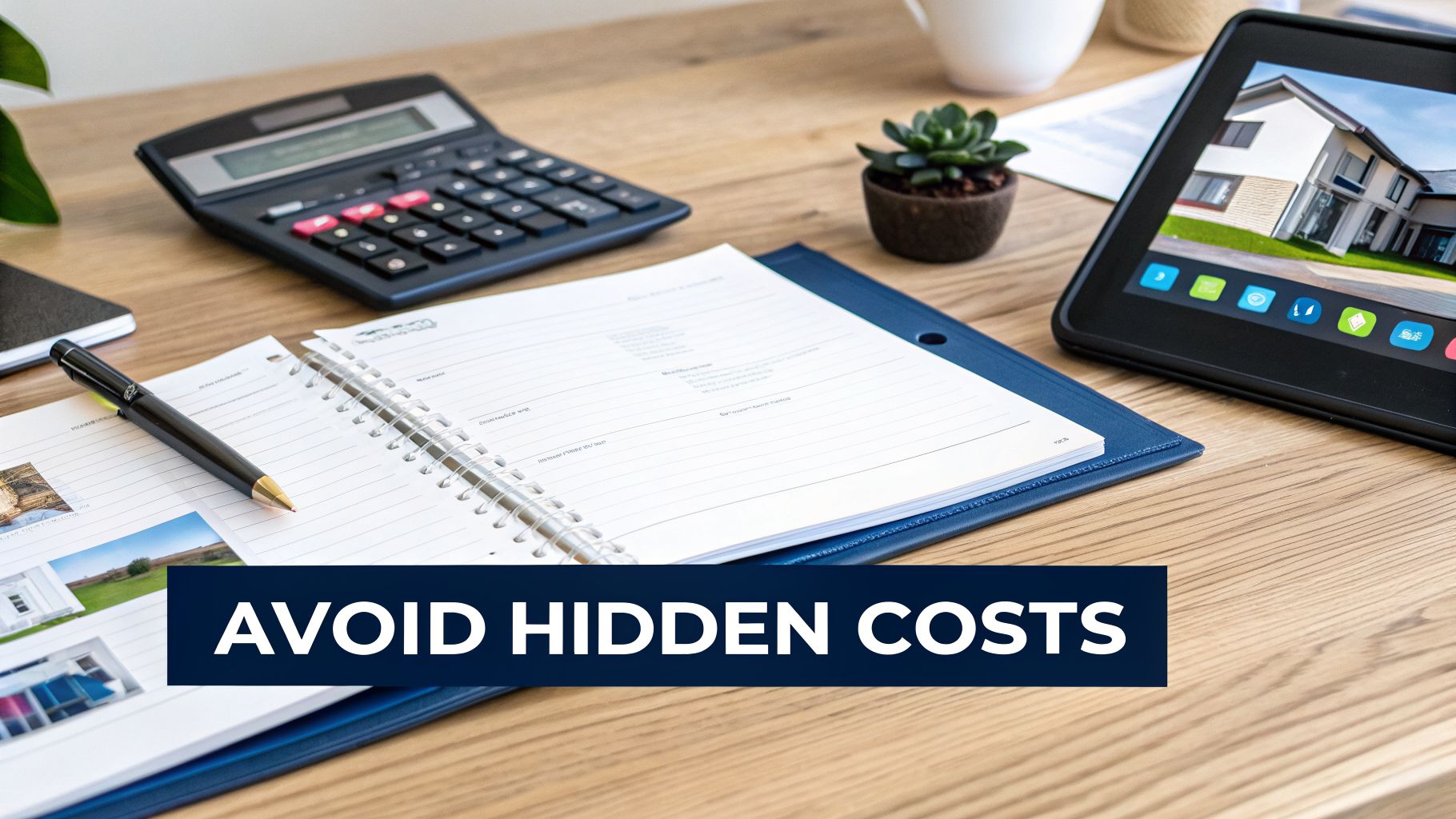 Desk with calculator, open notebook, tablet showing a house, and 'AVOID HIDDEN COSTS' text.