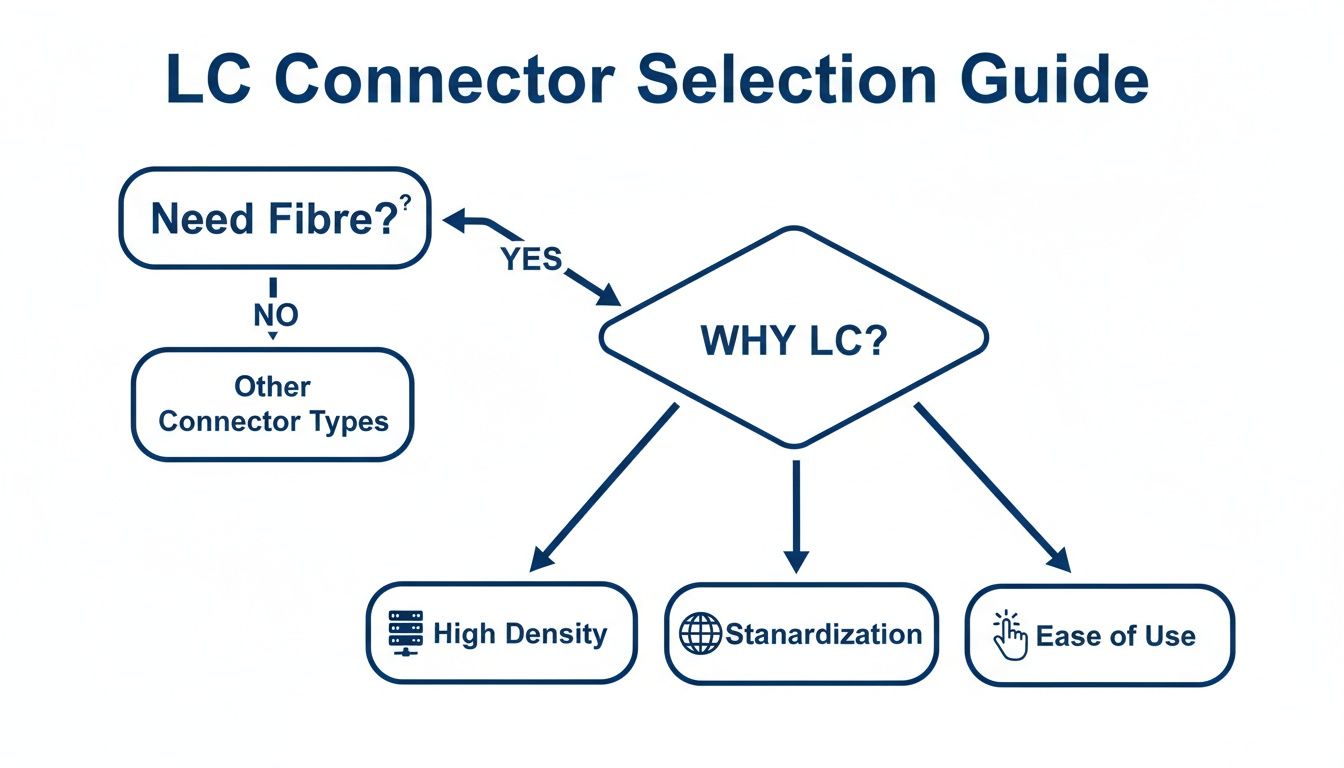 Flowchart detailing the selection guide for LC connectors, highlighting density, standardization, and ease of use.