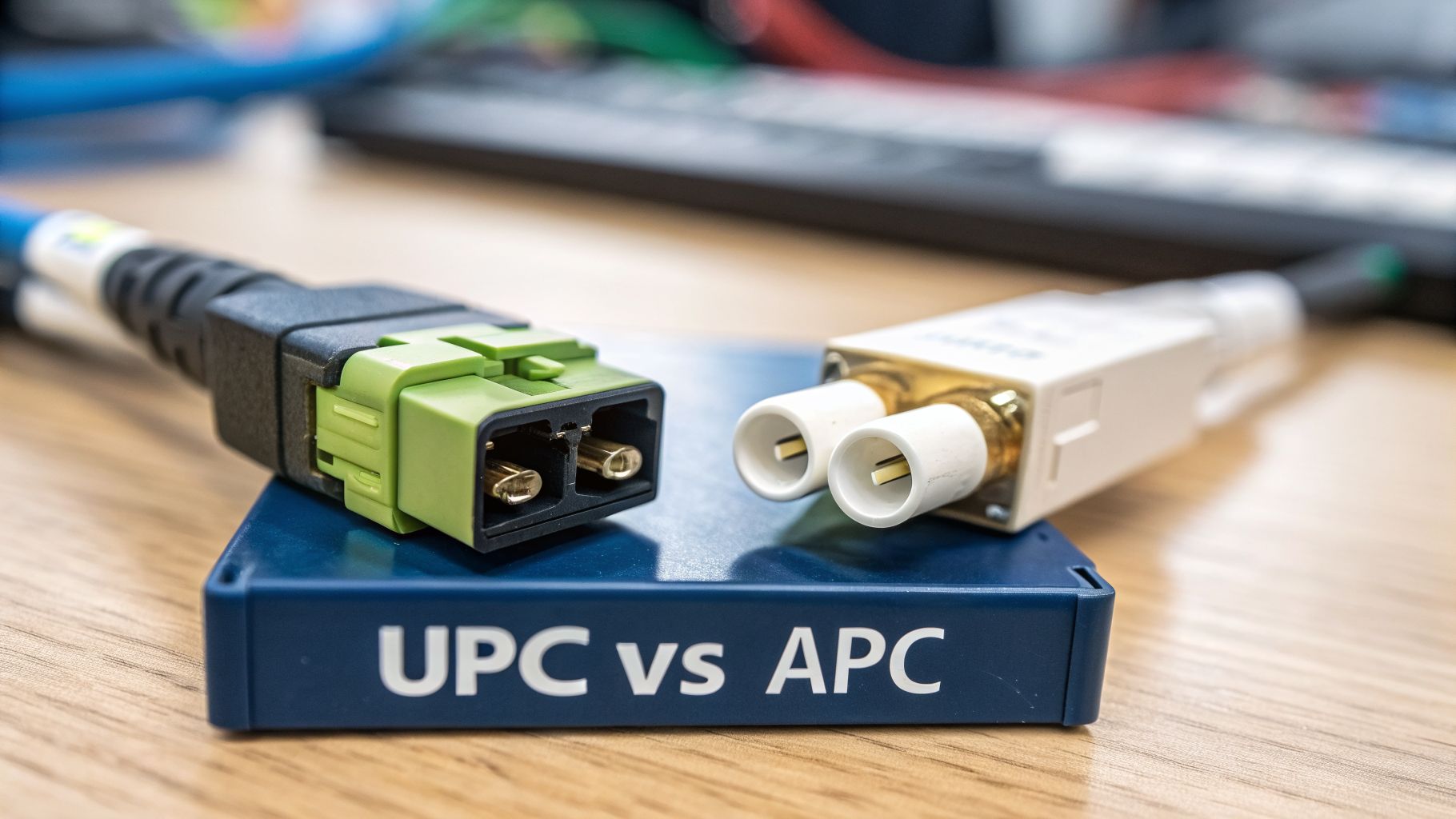 Close-up of a green fiber optic connector and a white fiber optic connector on a blue box marked 'UPC vs APC'.
