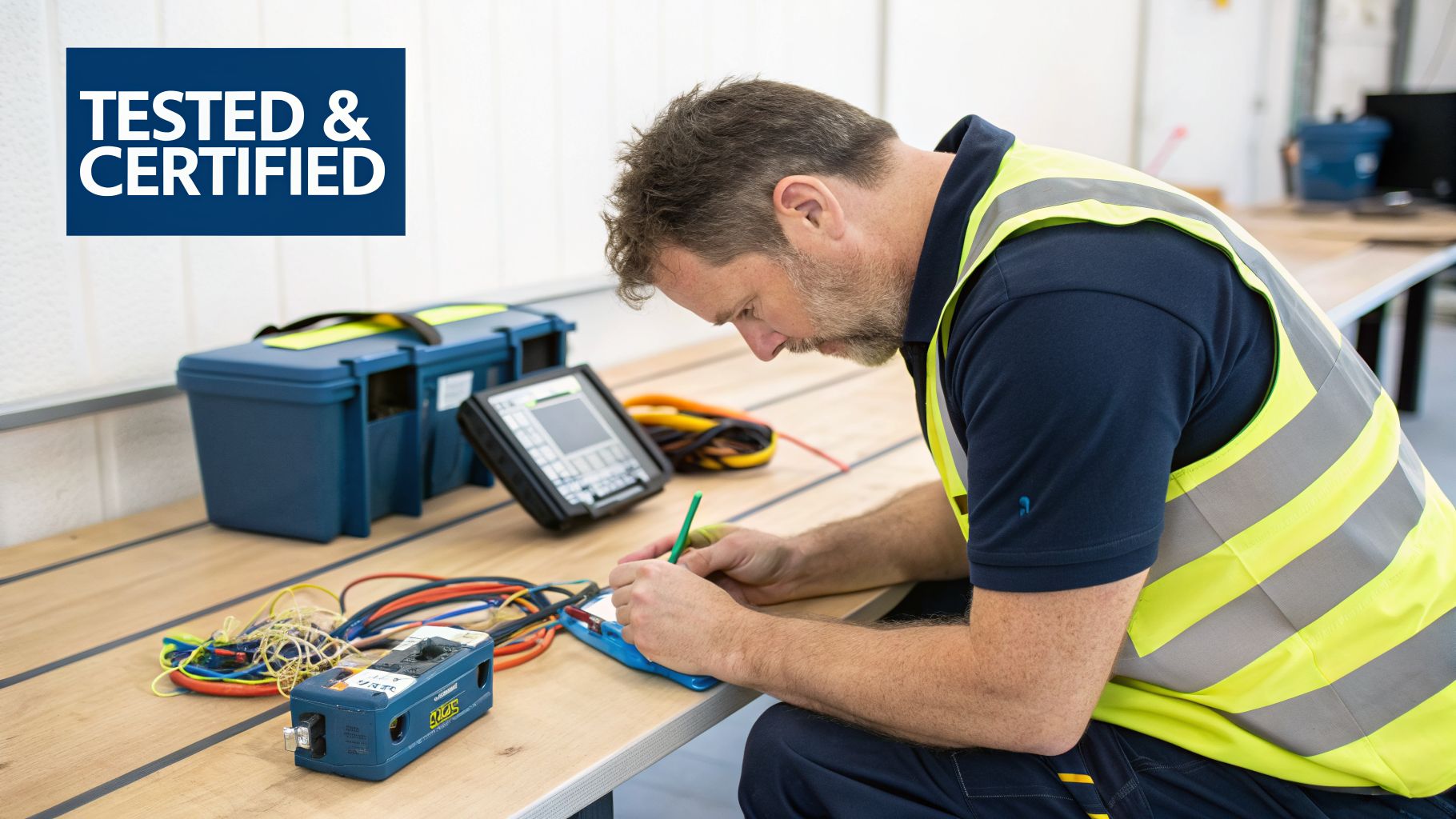 A technician in a high-visibility vest tests and certifies fibre optic connectors on a workbench.